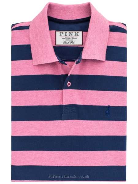Mens Polo Shirts Pink/Navy Thomas Pink Harmer Stripe Polo Shirt Stripe 195216 100% cotton